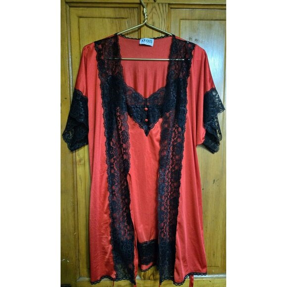 Avon Other - VTG Avon Style Night Gown  Robe Set 2 Pc  Red Black Silky Lace Lingerie Sz Small